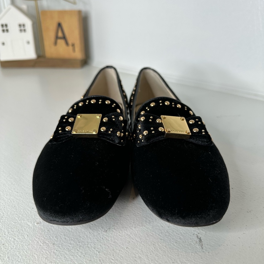 Cole Haan Black Velvet Studded Loafers Women’s 8.5B Gold Hardware Classic - Picture 3 of 10